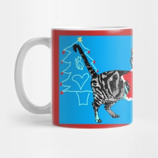 Santa Paws Tabby Cat Christmas Drawing Blue Mug